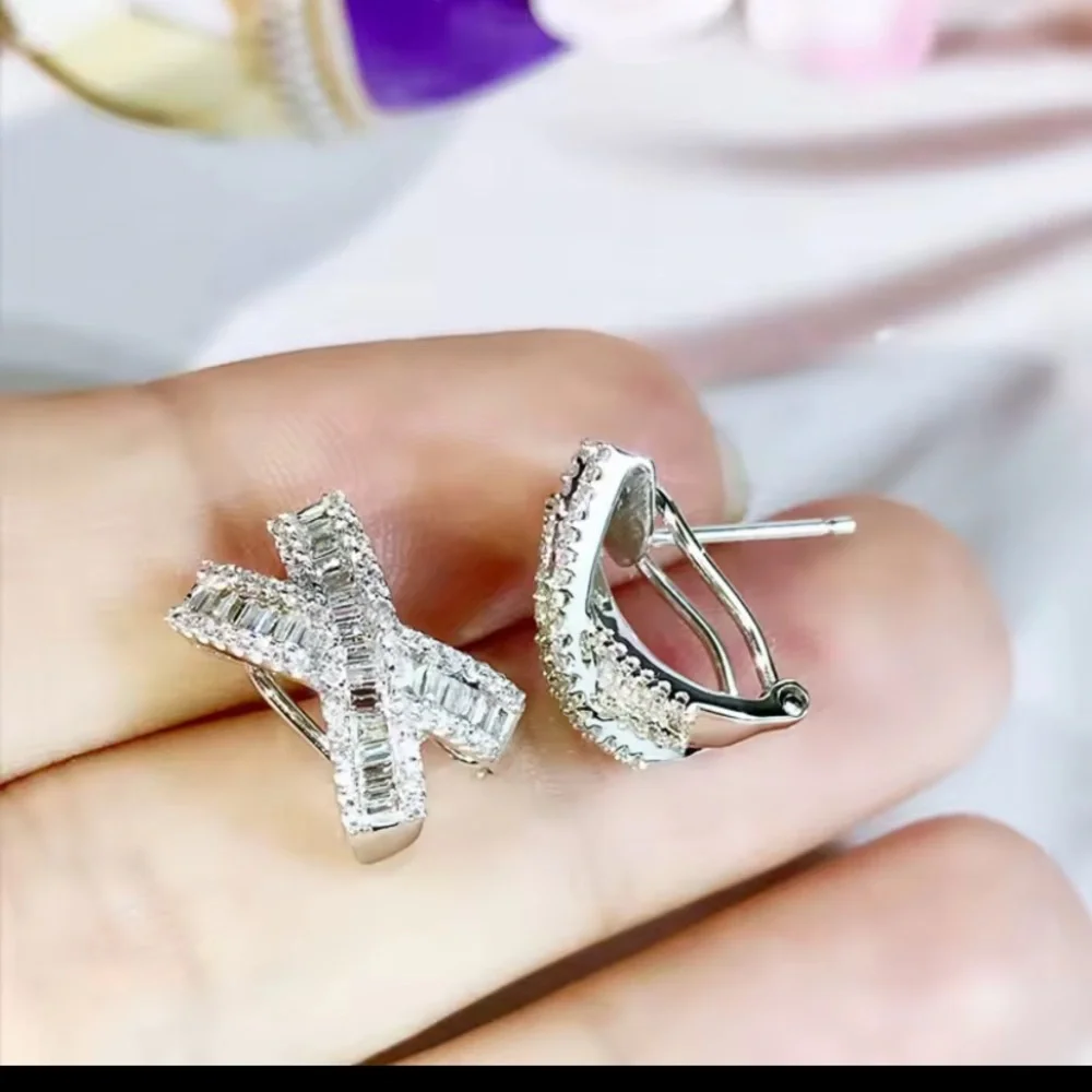 Neiman Marcus 18k White Gold Plated CZ Bagette Crossover Earrings - Picture 4 of 4